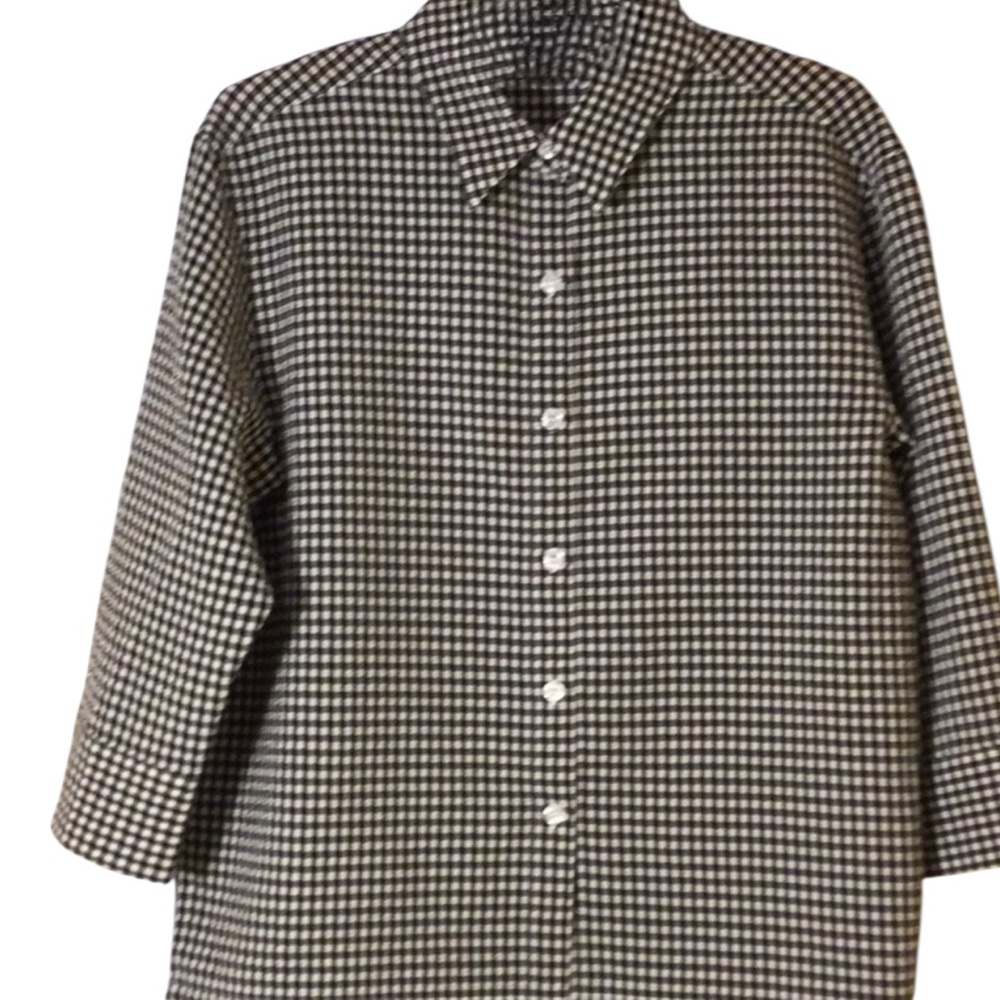 Black White Gingham Seersucker 3/4 Sleeve Collared Button Down Jacket Shirt Top - Picture 2 of 8